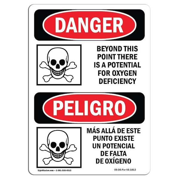 Safety Sign, OSHA Danger, 5" Height, Oxygen Deficiency Bilingual Spanish, 10PK